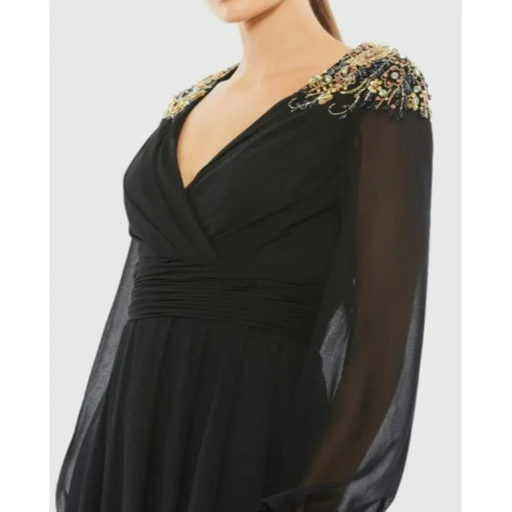 NWT Mac Duggal Black Embellished Shoulder Long Sleeve Gown Maxi Dress Size 4